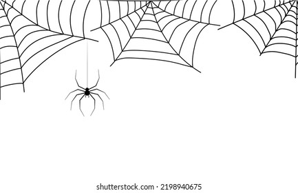 Black spider on net. Minimal Halloween background. Black white vector illustration