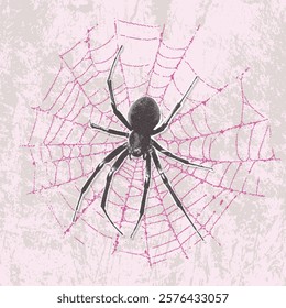 
Black spider on a pixel pink web. Brutalism, Y2K photocopy effect, anti-design, mixed media collage. Grunge bitmap texture. Perfect for Halloween designs, horror, spooky and gothic projects.