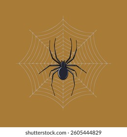 Black spider on a web illustration against a brown background
