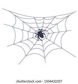 Black spider on web isolated on white background. Halloween simple element decor,  vector flat illustration.