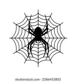 Black Spider on Web Silhouette Vector Illustration, Minimalist Spider and Web Silhouette Vector isolated white background