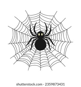 A black spider on a web. Texture of insect traps. Decor for Halloween celebration. Isolated graphic template. Vector illustration.