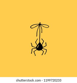 Black spider on web tied with bow. Vector handdrawn illustration on orange background.