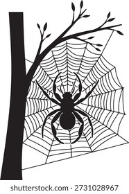 Black spider on web with tree branch and leaves spiderweb arachnid insect desig