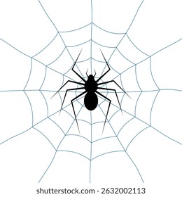 Black Spider on Web Vector Illustration. Minimalist vector illustration depicting a black spider positioned in the center of its intricate web.