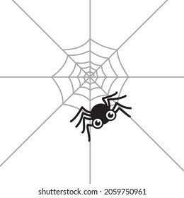 A black spider on a web on a white background.