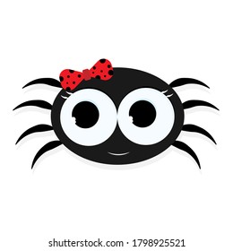 A black spider with a red bow. Tarantula vector