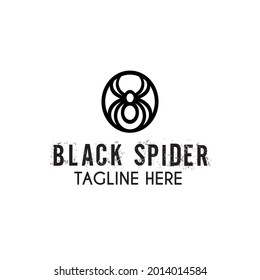 black spider silhouette in circle shape for minimalist flat retro vintage technology computer or fashion branding identity logo design vector