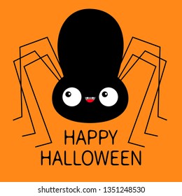 Black spider silhouette. Cute cartoon kawaii baby character. Long paws. Funny insect. Big eyes. Fang tooth. Happy Halloween. Flat design. Orange background. Isolated. Vector illustration