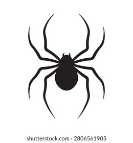 A black spider silhouette with eight legs on a white background, creepy crawly insect illustration.