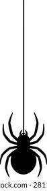 A black spider silhouette hangs from a single thread against a white background. The image is a simple, isolated vector