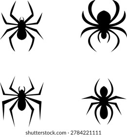 Black spider silhouette icon set featuring 4 solid black arachnid symbols in different body and leg shapes including thin legged spooky spider rounded body wide spread spider and compact spider design perfect for Halloween horror spooky seasonal nature biology and creepy themed design projects