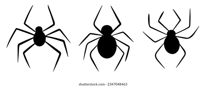 Black spider silhouette vector icon set isolated on white background. Animal tarantula top view elements of designs to celebrate Halloween party. Flat design vector illustration.