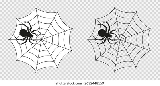 A black spider sits on a web. Decor for Halloween. Vector illustrations EPS10