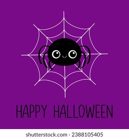 Black spider sitting on the web. Happy Halloween. Funny insect with eyes. Long paws. Cute cartoon kawaii baby character. Greeting card. Flat design. Violet background. Isolated. Vector illustration