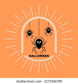 Black spider skull hanging with cobweb Halloween day boho on orange background flat vector design.