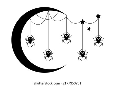 Black spider skull hanging with cobweb on crescent moon and stars concept Halloween day flat icon vector design.
