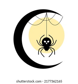 Black spider skull hanging with cobweb on crescent moon concept Halloween day flat icon vector design.