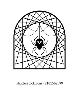 Black spider skull on spiderweb in gate white background boho tattoo flat vector design.	