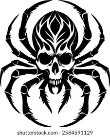 Black spider skull, a striking black and white of a spider with menacing skull integrated into it design, perfect for tatto design, logos or gothic themed project