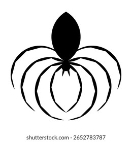 Aranha negra. Representação estilizada da silhueta de uma aranha-negra, mostrando oito pernas geometricamente dispostas, uma cabeça redonda com presas e um abdômen oval, à espreita para sua presa.