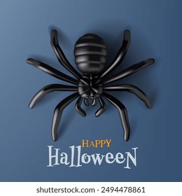 Black spider, top view, 3D. Happy Halloween. Creepy, scary. Realistic spider on dark blue background. Vector illustration.