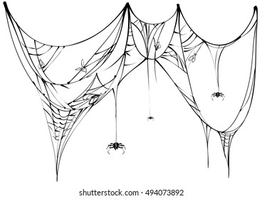 Black spider and torn web on white background. Vector illustration
