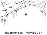 Black spider and torn web. Scary spiderweb of halloween symbol. Isolated on white vector illustration