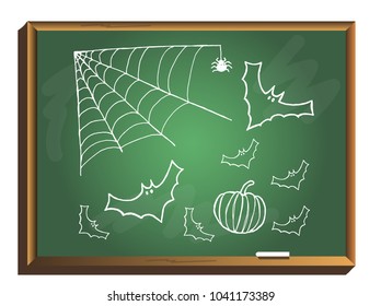 Black spider and torn web. Scary spiderweb of halloween symbol on chalkboard. Spider web background post card. Halloween illustration.