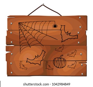 Black spider and torn web. Scary spiderweb of halloween symbol on wooden plank background. Spider web background post card. Halloween illustration.