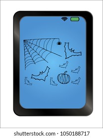 Black spider and torn web. Scary spiderweb of halloween symbol on background plate. Spider web background post card. Halloween illustration