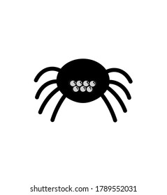 Black spider and torn web. Scary spiderweb of halloween symbol. Isolated on white. Spooky spider web for Halloween decoration. Vector illustration