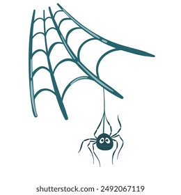 Black spider and torn web. Scary spiderweb of halloween symbol. Isolated on white vector illustration.