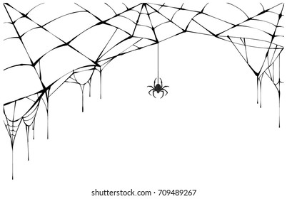 Черный паук и разорванная паутина. Страшная паутина символа Хэллоуина. Изолирован на белом векторном изображении