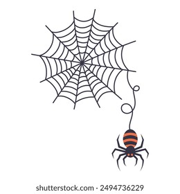 Araña negra y Web rasgado. Tejido de Web, símbolo de halloween. Aislado en la Ilustración vectorial blanca