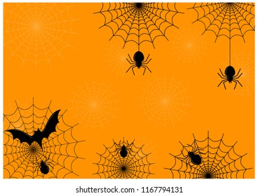 Black spider and spider web with a bat stick on web and copy space for texts on thinly spider web pattern with orange background vector.