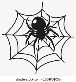 A black spider in a web. The drawing can be used as an icon or logo.