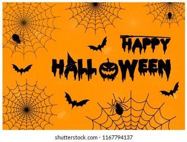 Black spider and spider web with flying bats and "HAPPY HALLOWEEN"'s letters in horror design on thinly spider web pattern with orange background vector.