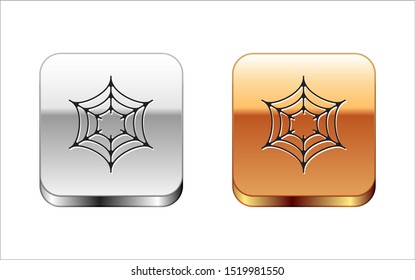 Black Spider web icon isolated on white background. Cobweb sign. Happy Halloween party. Silver-gold square button. Vector Illustration