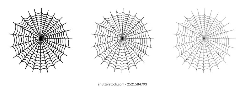 Black spider web icon set isolated on a white background. Outline Cobweb in black. Suitable for gothic, creepy, Halloween holiday. Vector Illustration.