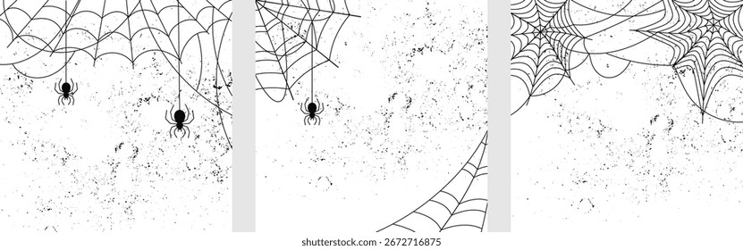 Black Spider Web isolated on white grunge background set. Square spooky banners. Halloween cobweb hanging, creepy decoration. Vector illustration card, poster