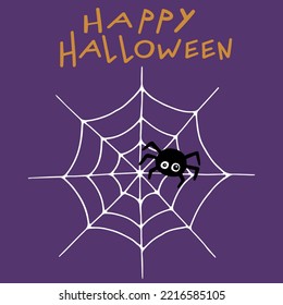 Black spider with web on purple background. Happy Halloween. Hand drawn Halloween attributes. Vector illustration