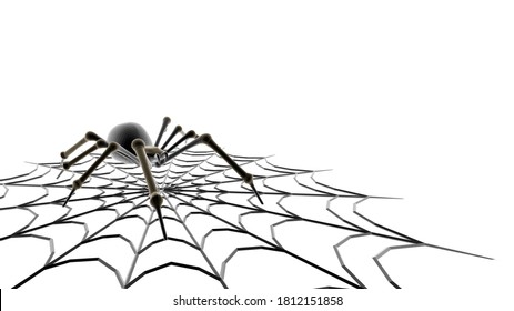 Black spider and spider web with perspective view, realistic 3d vector halloween, scary and haunted spider elements. Isolated from white background. - Vector