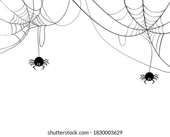 Black spider and spider web. Scary spiderweb of halloween symbol. Isolated on white background