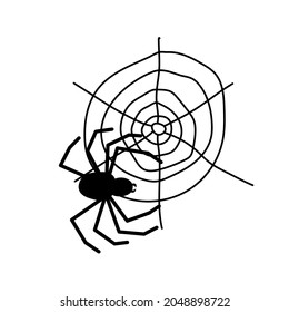 Black spider and  web. Scary spiderweb of Halloween symbol. Vector illustration isolated on white background.