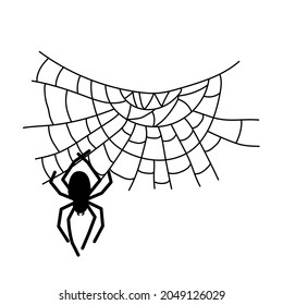 Black spider and  web. Scary spiderweb of Halloween symbol. Vector illustration isolated on white background.