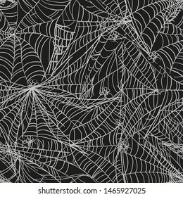 Black spider web seamless pattern with white spiders. Vector seamless background