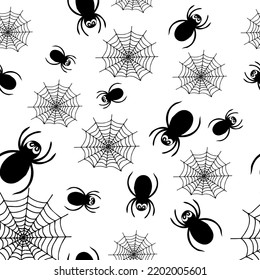 Black spider and web seamless pattern. Halloween. Contour rollbot. Vector. For stylized decor