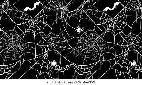 Black spider web seamless pattern with white spiders. Vector seamless background.Creative vector halloween background with net, spider. Funny halloween pattern for textile and fabric. Fashion spider