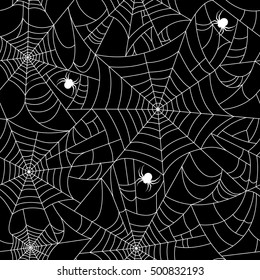 Black spider web seamless pattern with white spiders. Vector seamless background.